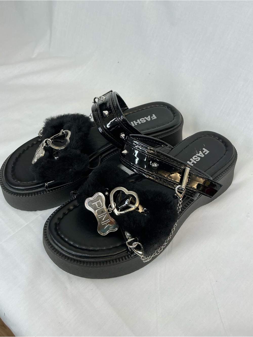 2138 - Black Faux Fur Platform Slide Sandals with Silver Charms